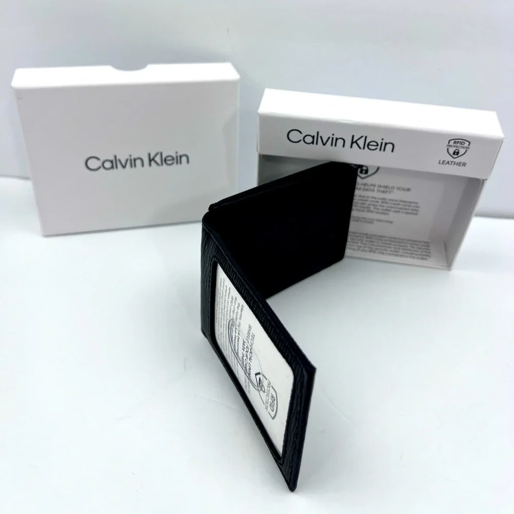 CALVIN KLEIN,MEN’S WALLET,SINGLE FOLD WORK MAGNET,BLACK LEATHER,RIFD PROTECTION